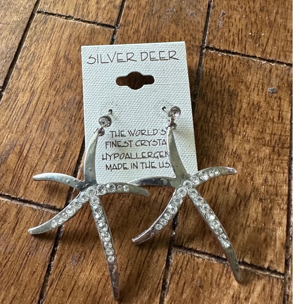 Silver Deer Starfish Crystal Drop Earrings Silver Tone Hypoallergenic USA‎ EUC